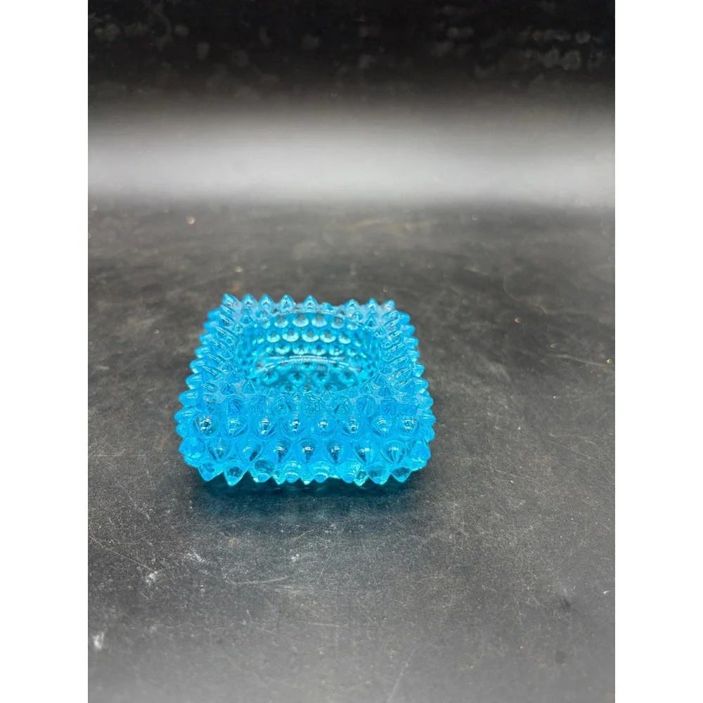 Blue Hobnail Glass Candle Holder Square‎ Turquoise Trinket Dish Vintage Style